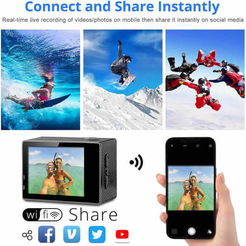 4K waterproof action camera connected to smartphone, sharing live action photos and videos instantly on social media.