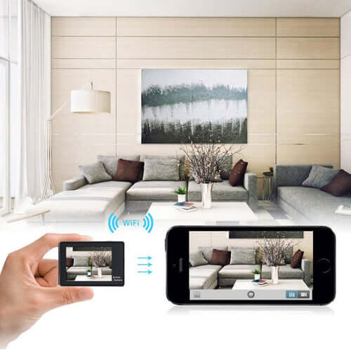 Person holding a screen showing a 4K waterproof action camera image of a stylish living room with WiFi connection.