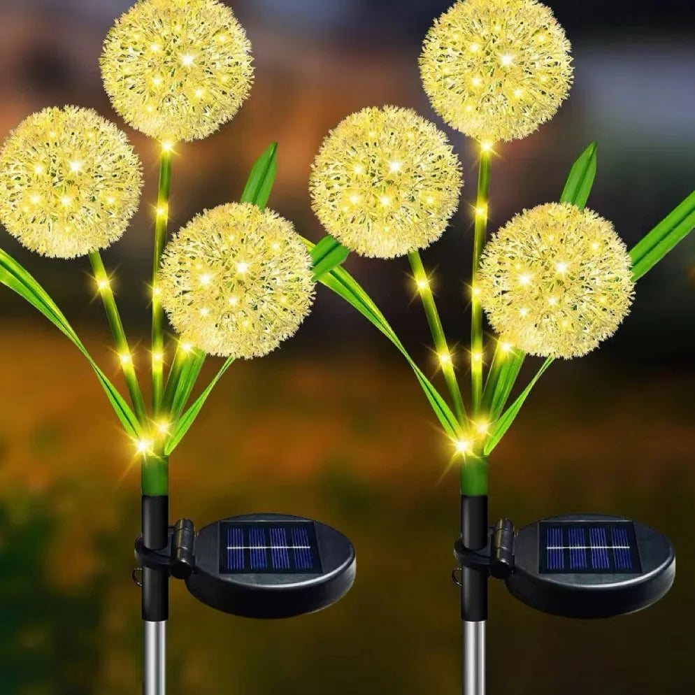 Solar Powered LED Three-Headd Dandelion Artificial Flower Outdoor Courtyard Decorative Lawn Lights Ground Plug Lights