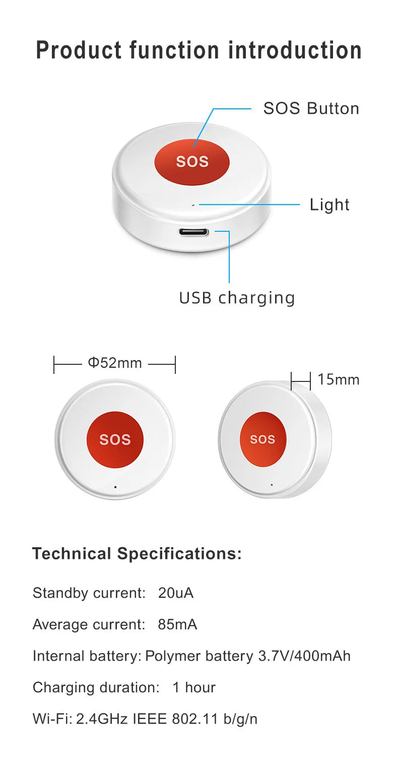 WiFi Smart SOS Emergency Button Security Linkage Smart Switch App Remote Alert Rechargeable Smart Home Automation Safety Device
