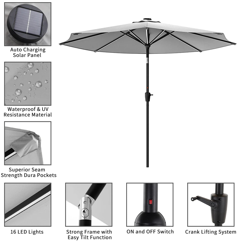 【Breeins】Large Solar Powered LED Patio Umbrella for Outdoor Garden Patio