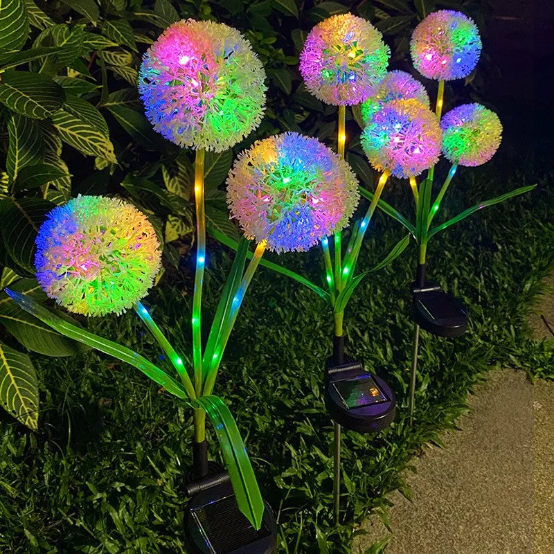Solar Powered LED Three-Headd Dandelion Artificial Flower Outdoor Courtyard Decorative Lawn Lights Ground Plug Lights