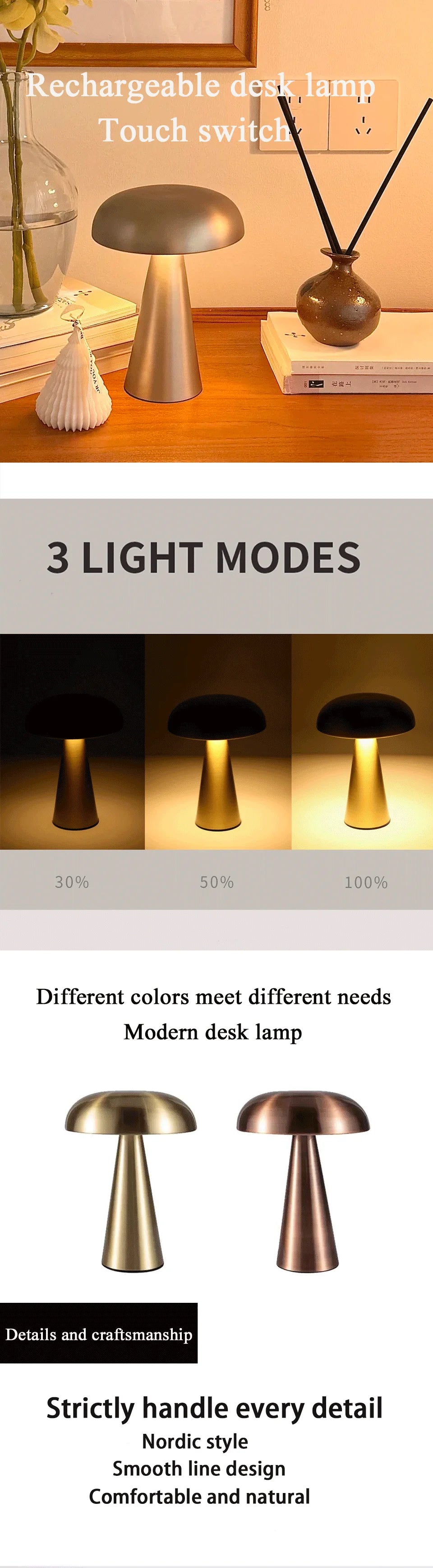 Retro Mushroom Table Lamp LED Rechargeable Bedside Light