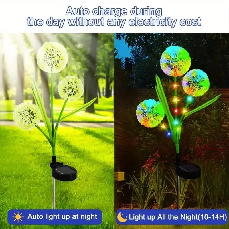 Solar Powered LED Three-Headd Dandelion Artificial Flower Outdoor Courtyard Decorative Lawn Lights Ground Plug Lights