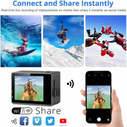 4K waterproof action camera connected to smartphone, sharing live action photos and videos instantly on social media.