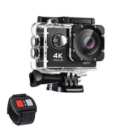 4K waterproof action camera with RF remote and accessories on display.