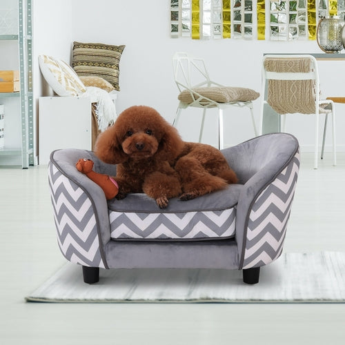 Small dog sitting on a gray and white chevron patterned pet bed in a room with chairs and a table.
