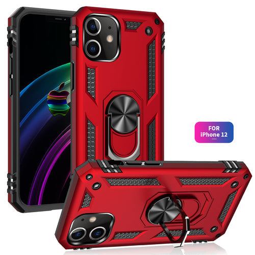 iPhone 12 Mini ring stand case with metal plate, red color, featuring 360° rotatable kickstand design, compatible with iPhone 12.