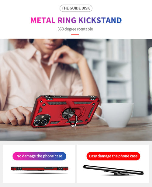 iPhone 12 Mini ring stand case featuring a metal ring kickstand that is 360° rotatable, displaying a vibrant red design.