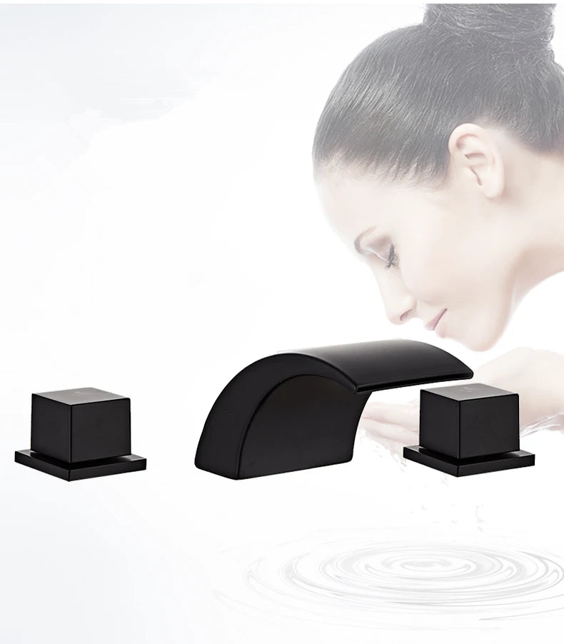 Black Bathroom Sink Faucet 3 hole Basin Waterfall Fauce