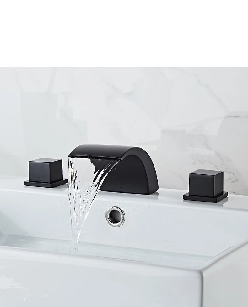 Black Bathroom Sink Faucet 3 hole Basin Waterfall Fauce
