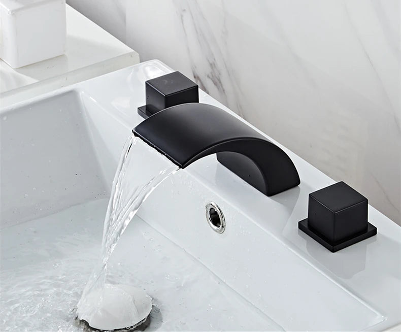 Black Bathroom Sink Faucet 3 hole Basin Waterfall Fauce