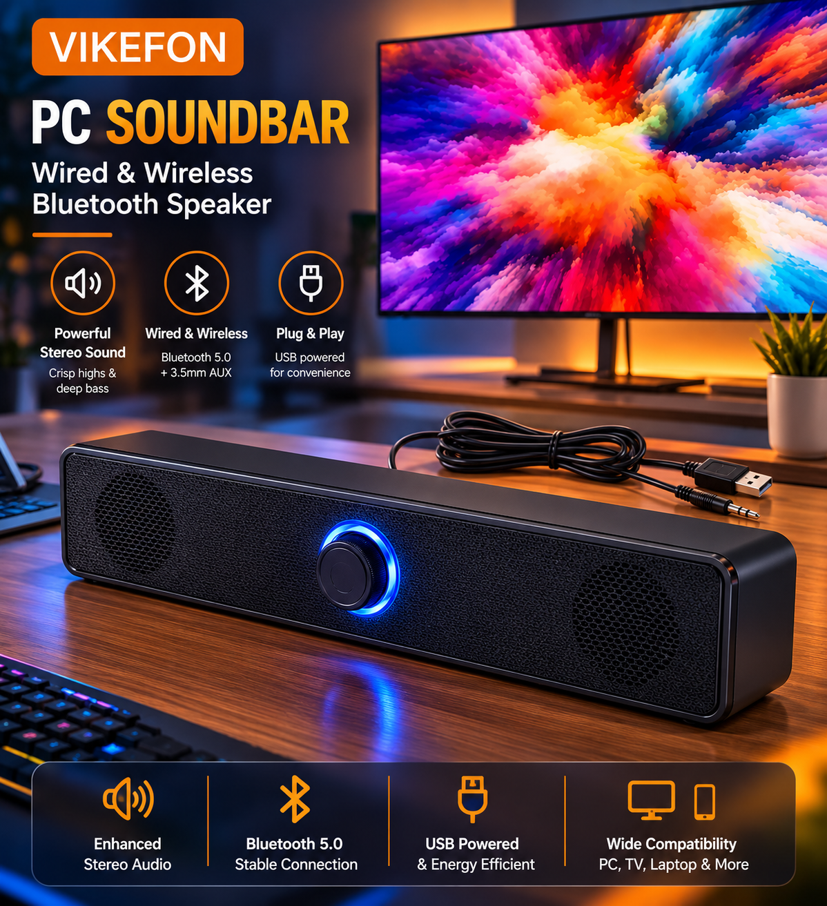 Wireless Bluetooth and PC Soundbar Wired Speaker USB Powered Soundbar for TV Pc Laptop Gaming Home Theater Surround Audio System