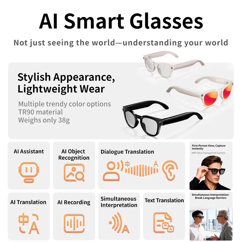 2026 New AI Smart Glasses 800W HD Camera Black Technology Image Translation Chat GPT Video Call Photo Waterproof For Men Women