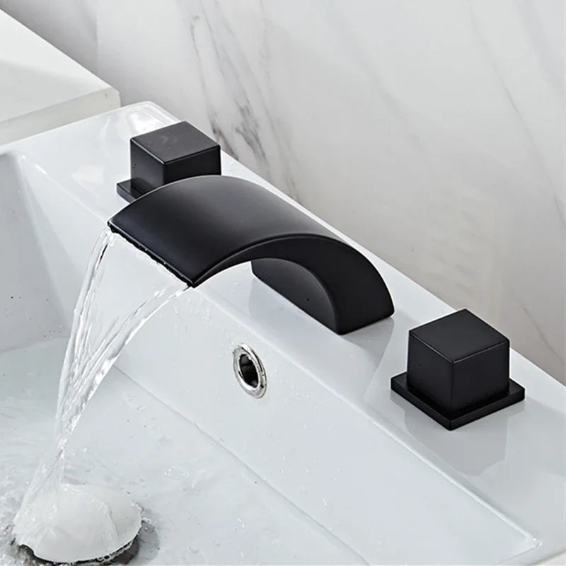 Black Bathroom Sink Faucet 3 hole Basin Waterfall Fauce