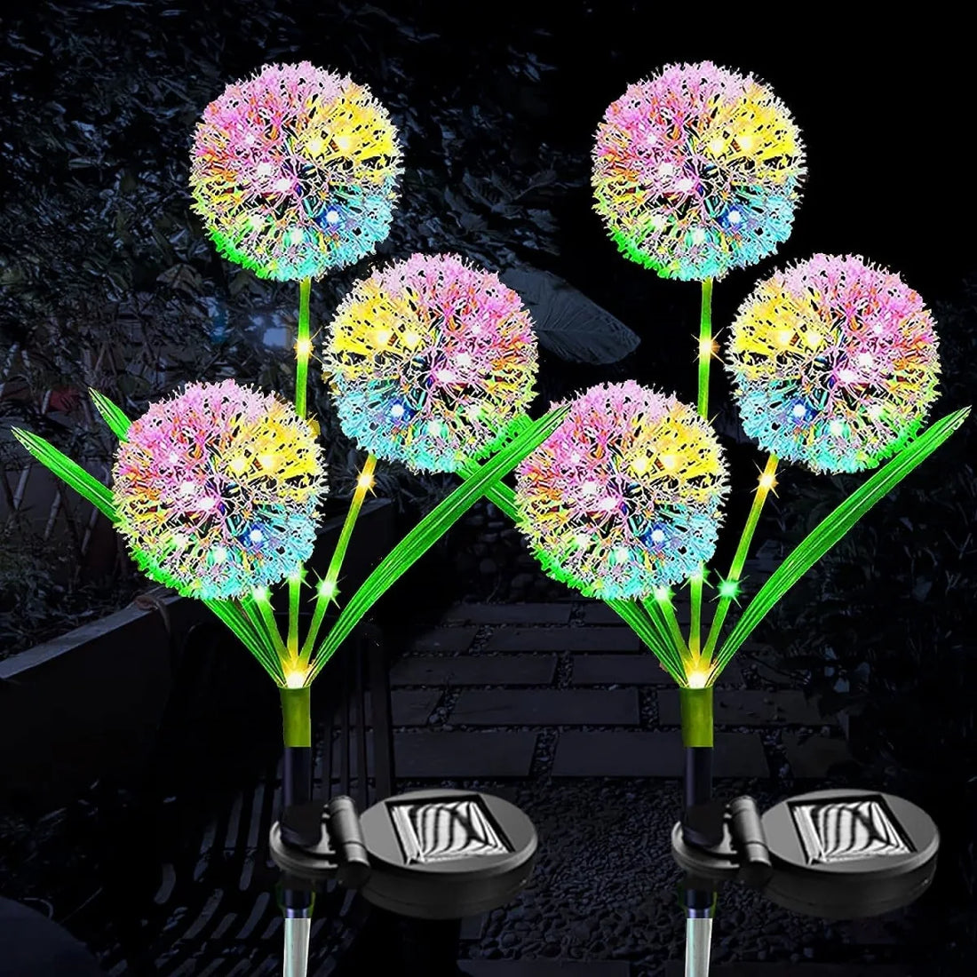 Solar Powered LED Three-Headd Dandelion Artificial Flower Outdoor Courtyard Decorative Lawn Lights Ground Plug Lights