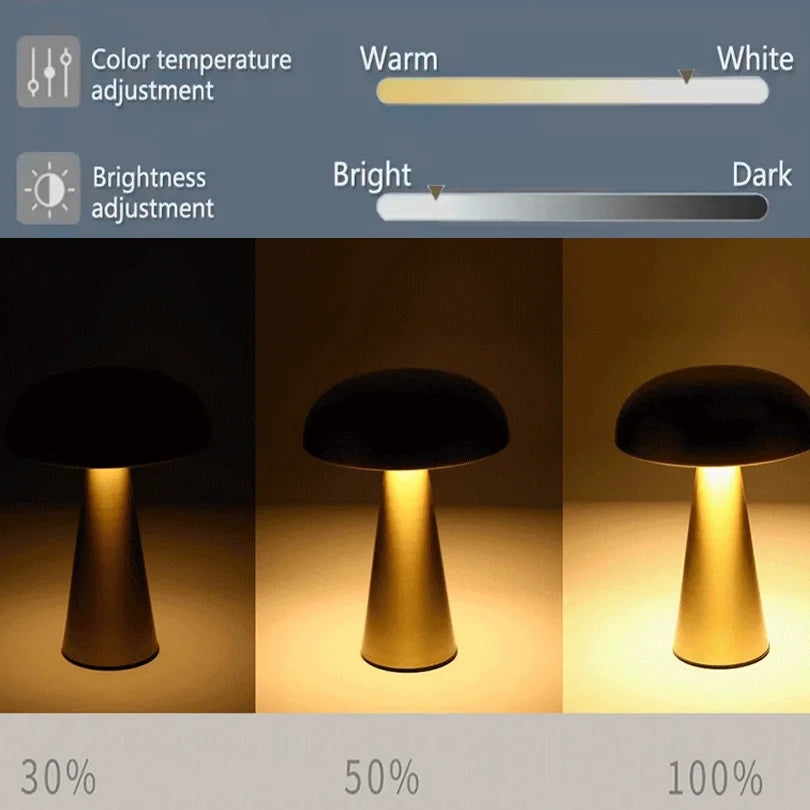 Retro Mushroom Table Lamp LED Rechargeable Bedside Light