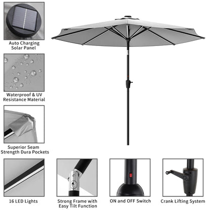 【Breeins】Large Solar Powered LED Patio Umbrella for Outdoor Garden Patio