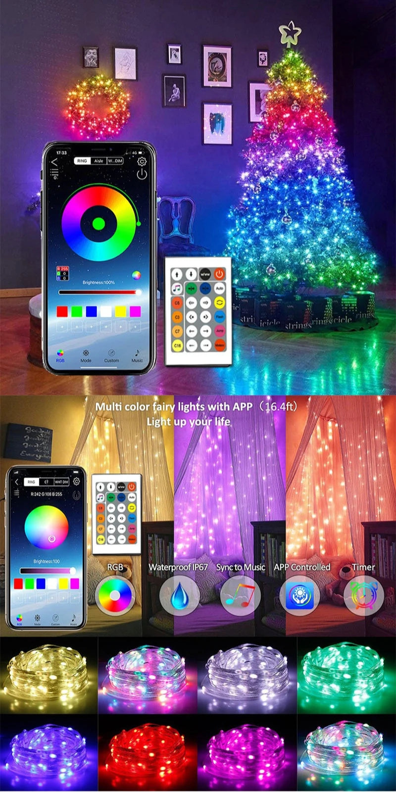 LED string light with Bluetooth, RGB rainbow, running horse, flowing light with festive atmosphere decoration, copper wire light
