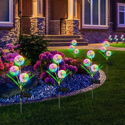 Solar Powered LED Three-Headd Dandelion Artificial Flower Outdoor Courtyard Decorative Lawn Lights Ground Plug Lights