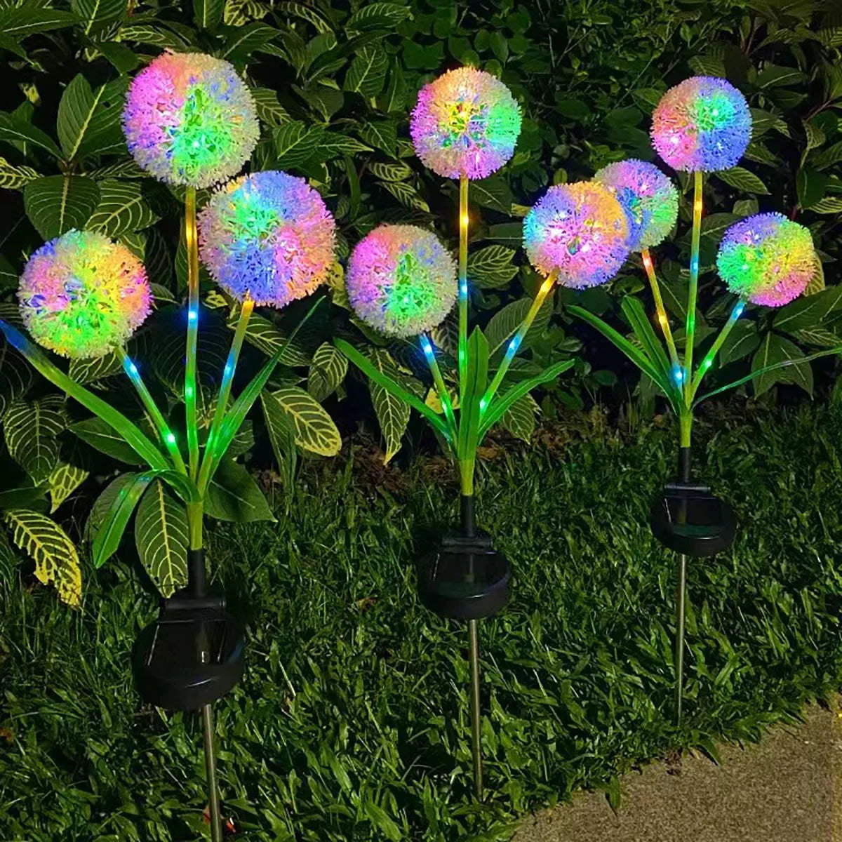 Solar Powered LED Three-Headd Dandelion Artificial Flower Outdoor Courtyard Decorative Lawn Lights Ground Plug Lights