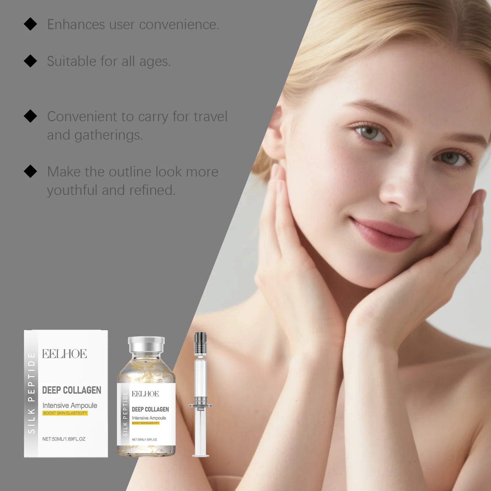 Facial essence serum gently cares for the facial contours, improves skin quality and makes the skin smooth and delicate.