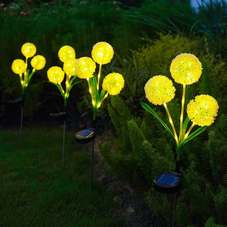 Solar Powered LED Three-Headd Dandelion Artificial Flower Outdoor Courtyard Decorative Lawn Lights Ground Plug Lights