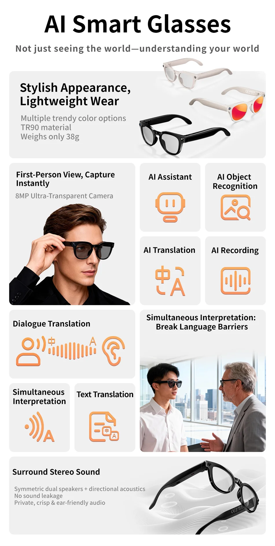 2026 New AI Smart Glasses 800W HD Camera Black Technology Image Translation Chat GPT Video Call Photo Waterproof For Men Women
