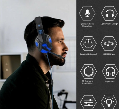 Ninja Dragon G9300 gaming headset showcased with features like omnidirectional microphone and 40MM driver for immersive gaming.