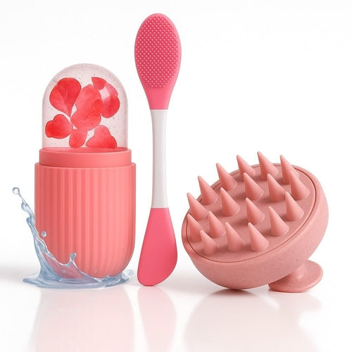 Set of pink grooming tools including a brush, scrubber, and container on a white background