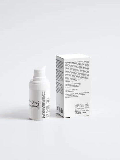 acne spot care serum in a pump bottle with packaging, helps calm skin and reduce redness from breakouts.