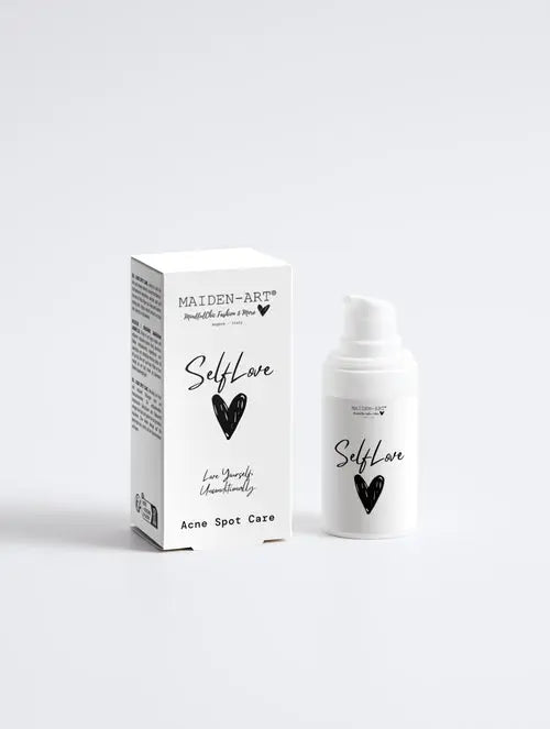 Acne Spot Care Serum in packaging, promoting Clear Skin and self-love, with Tea Tree Essential Oil for blemish relief.