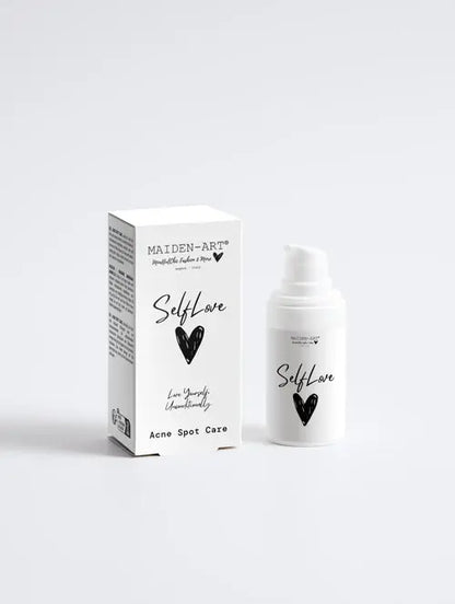 Acne Spot Care Serum in packaging, promoting Clear Skin and self-love, with Tea Tree Essential Oil for blemish relief.