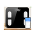 body fat scale with app displayed alongside smartphone showing weight and body metrics